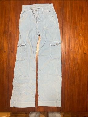 American Eagle Outfitters Wide Leg Corduroy Cargo Pants - Light Blue & Coral
